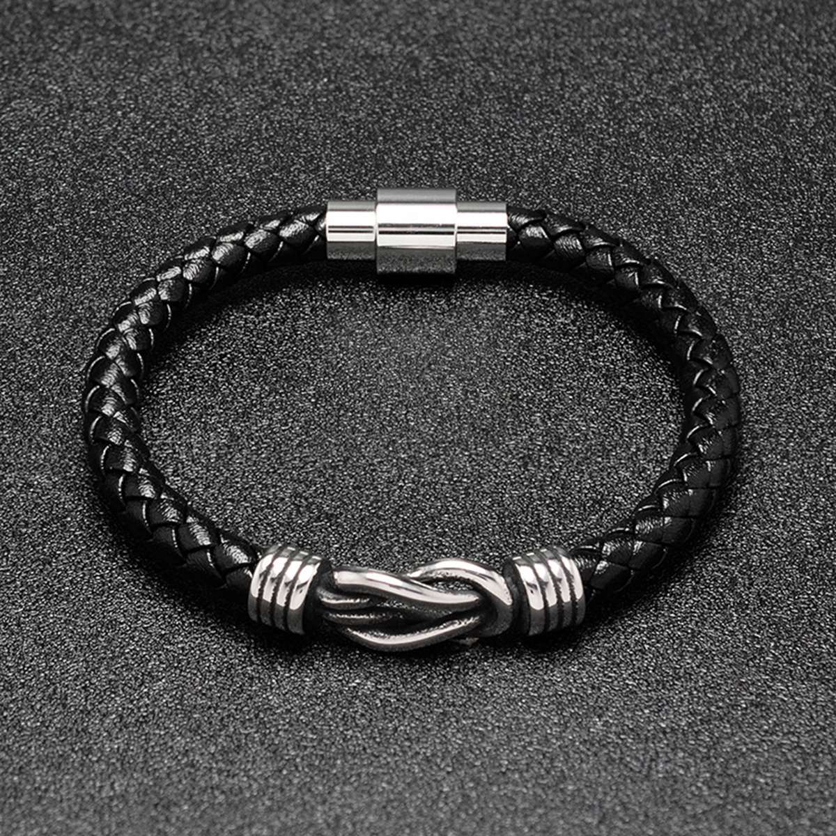 Men's Braided Leather Bracelet Silver 8-Shape Stainless Steel Clasp Wristband Cuff Rope Bangle for Men Gifts