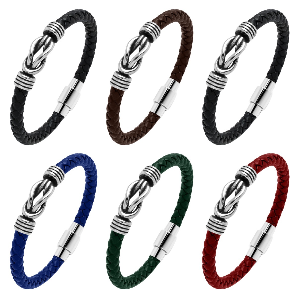 Men's Braided Leather Bracelet Silver 8-Shape Stainless Steel Clasp Wristband Cuff Rope Bangle for Men Gifts