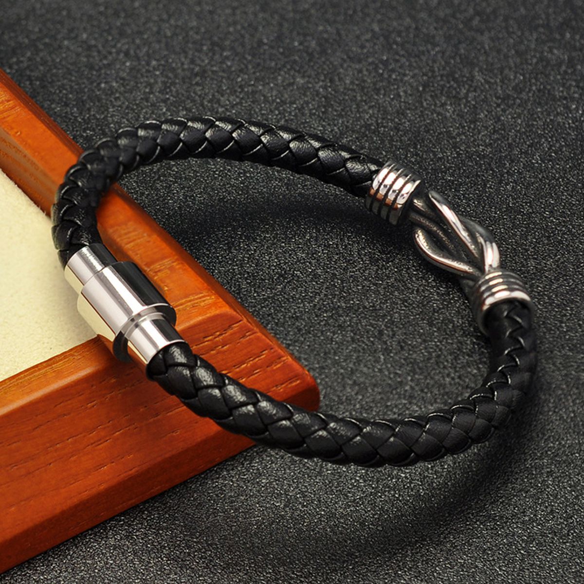 Men's Braided Leather Bracelet Silver 8-Shape Stainless Steel Clasp Wristband Cuff Rope Bangle for Men Gifts