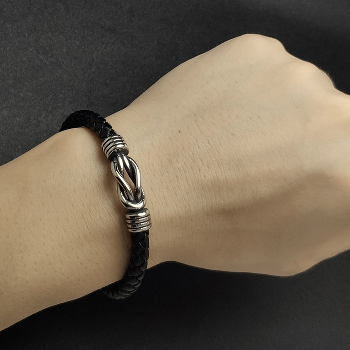 Men's Braided Leather Bracelet Silver 8-Shape Stainless Steel Clasp Wristband Cuff Rope Bangle for Men Gifts