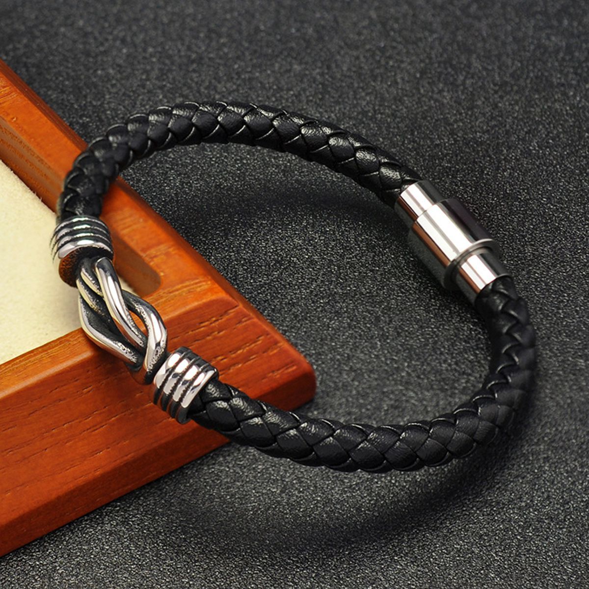Men's Braided Leather Bracelet Silver 8-Shape Stainless Steel Clasp Wristband Cuff Rope Bangle for Men Gifts