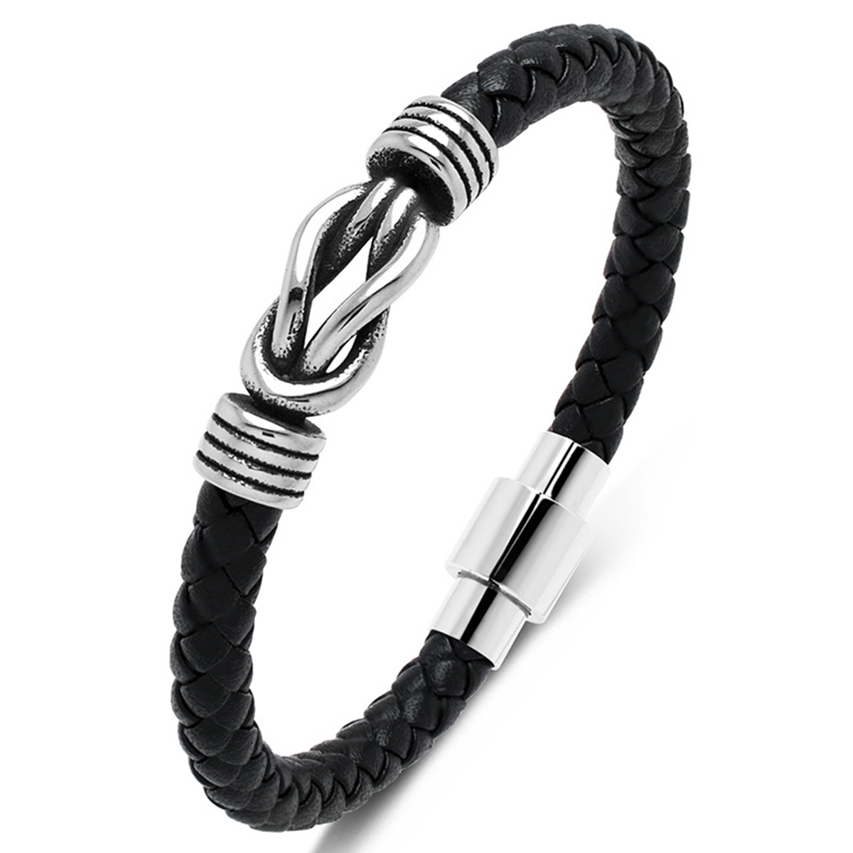 Men's Braided Leather Bracelet Silver 8-Shape Stainless Steel Clasp Wristband Cuff Rope Bangle for Men Gifts