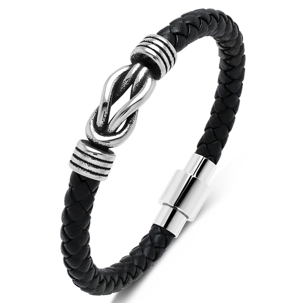 Men's Braided Leather Bracelet Silver 8-Shape Stainless Steel Clasp Wristband Cuff Rope Bangle for Men Gifts
