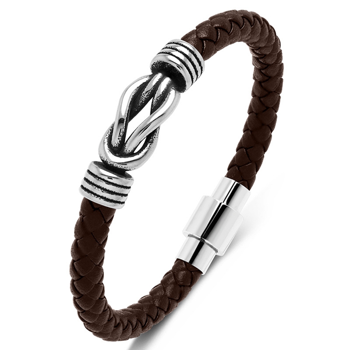 Men's Braided Leather Bracelet Silver 8-Shape Stainless Steel Clasp Wristband Cuff Rope Bangle for Men Gifts