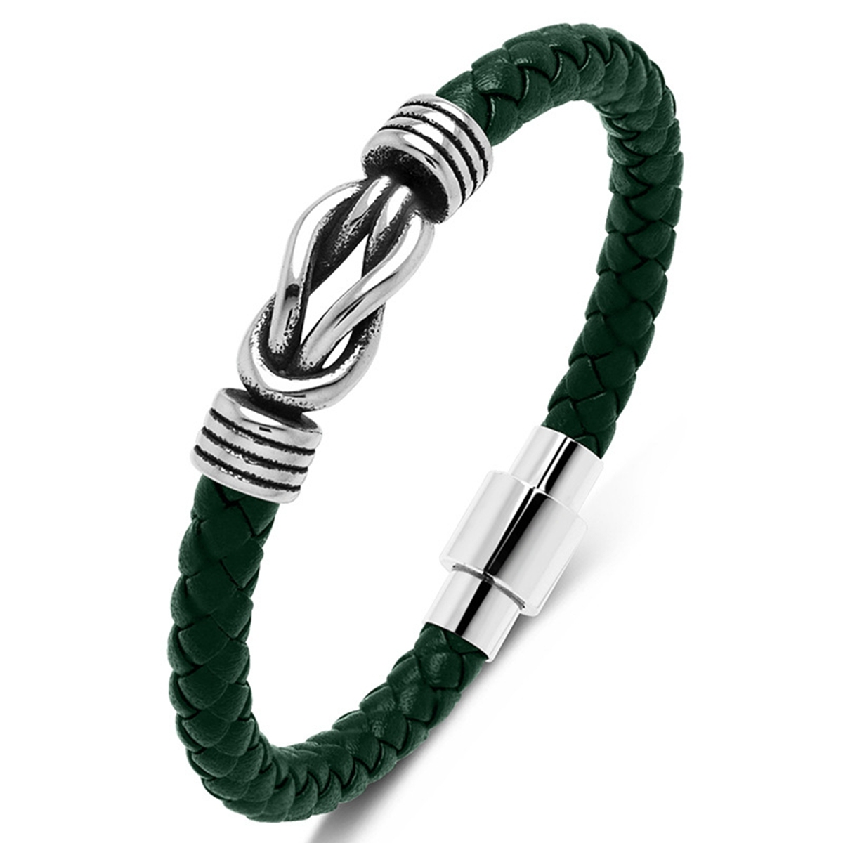 Men's Braided Leather Bracelet Silver 8-Shape Stainless Steel Clasp Wristband Cuff Rope Bangle for Men Gifts