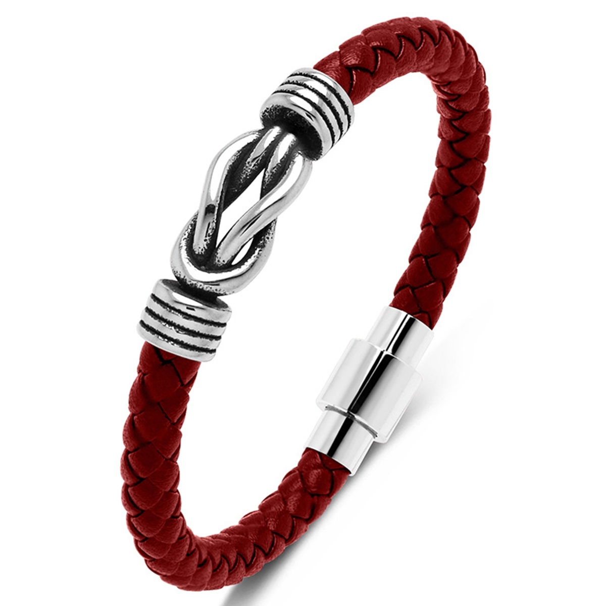 Men's Braided Leather Bracelet Silver 8-Shape Stainless Steel Clasp Wristband Cuff Rope Bangle for Men Gifts