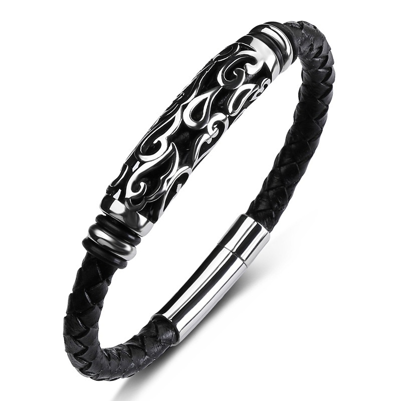 Men's Braided Leather Bracelet Silver Hollow Stainless Steel Clasp Wristband Cuff Rope Bangle for Men Gifts