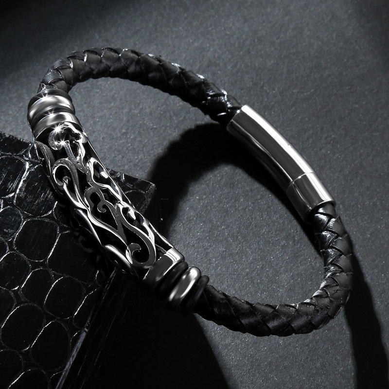 Men's Braided Leather Bracelet Silver Hollow Stainless Steel Clasp Wristband Cuff Rope Bangle for Men Gifts