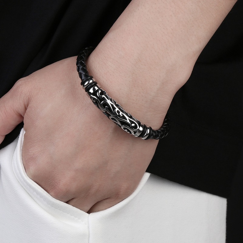 Men's Braided Leather Bracelet Silver Hollow Stainless Steel Clasp Wristband Cuff Rope Bangle for Men Gifts