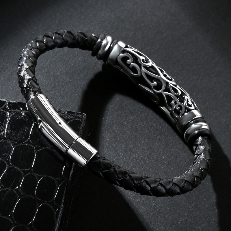 Men's Braided Leather Bracelet Silver Hollow Stainless Steel Clasp Wristband Cuff Rope Bangle for Men Gifts