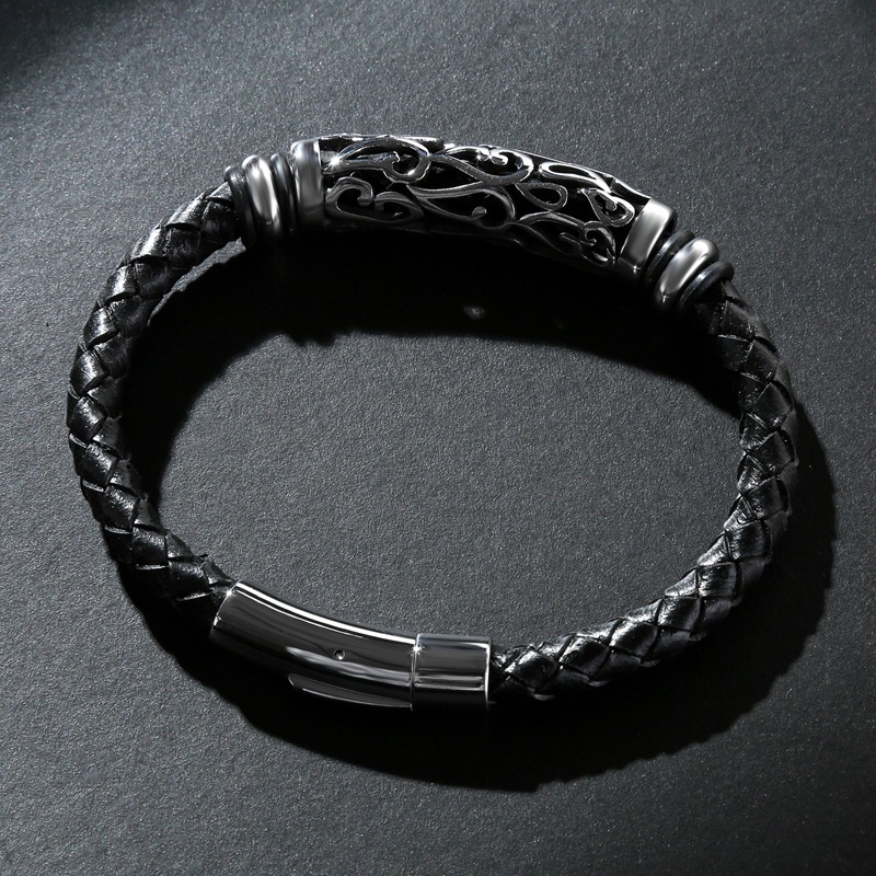 Men's Braided Leather Bracelet Silver Hollow Stainless Steel Clasp Wristband Cuff Rope Bangle for Men Gifts