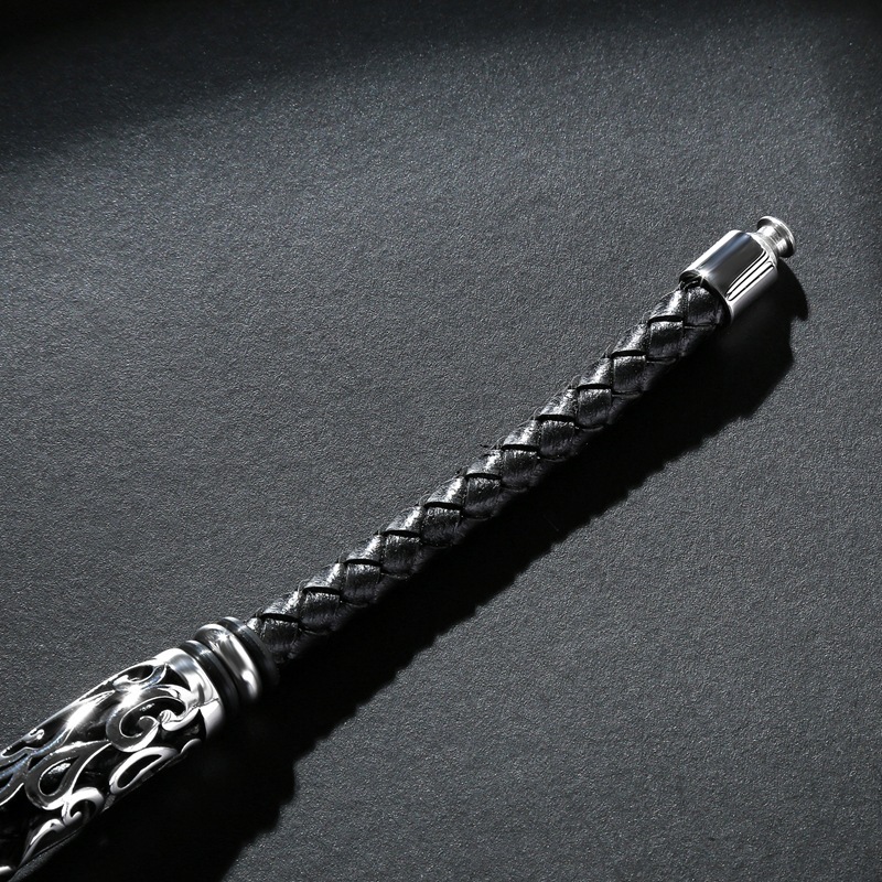 Men's Braided Leather Bracelet Silver Hollow Stainless Steel Clasp Wristband Cuff Rope Bangle for Men Gifts