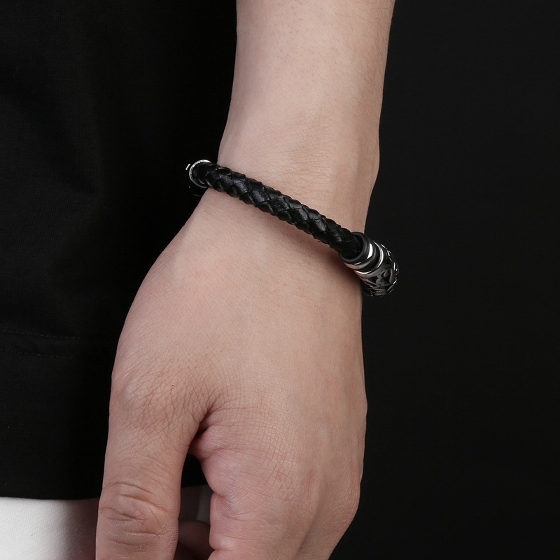 Men's Braided Leather Bracelet Silver Hollow Stainless Steel Clasp Wristband Cuff Rope Bangle for Men Gifts