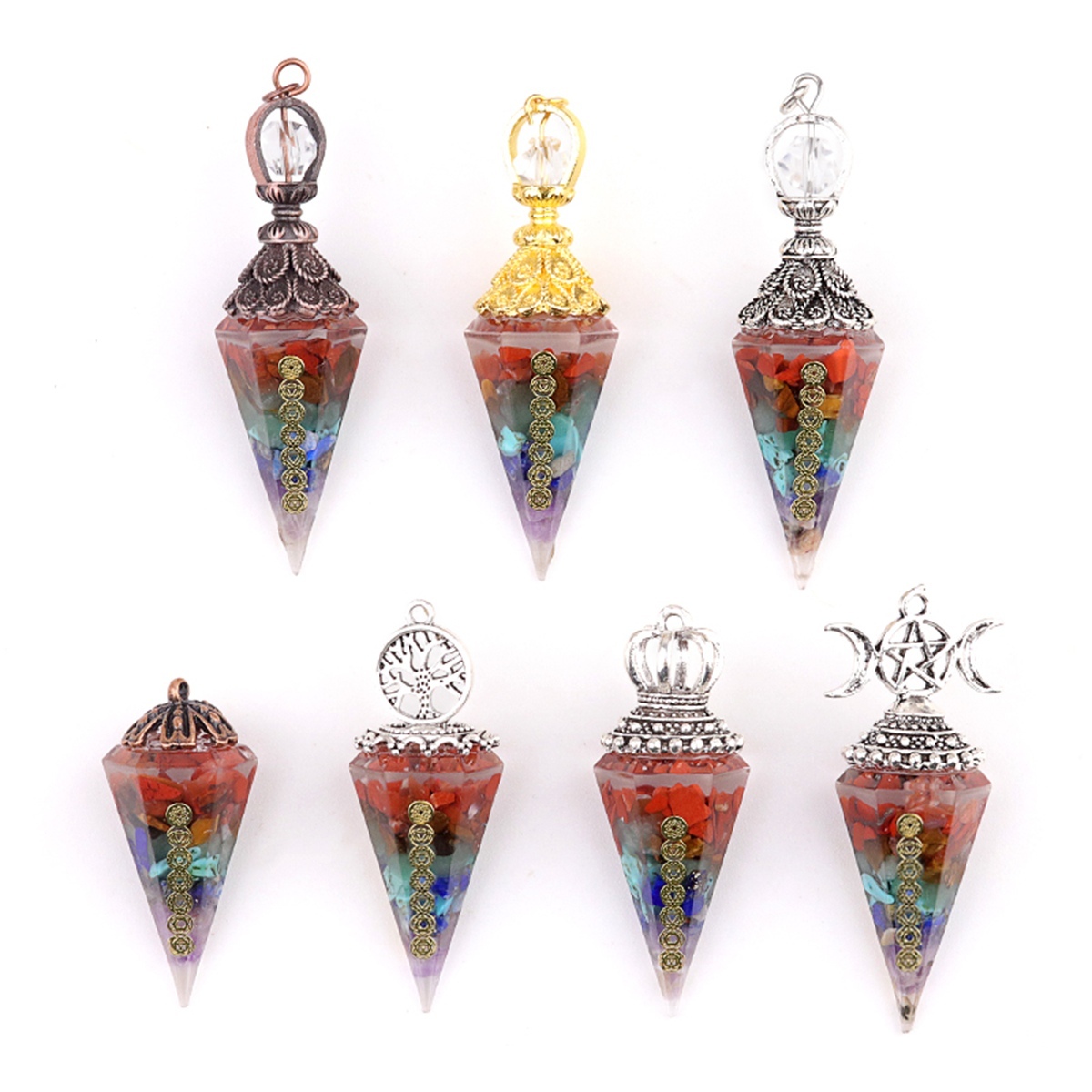 7 Chakra Chip Stone Resin Hexagonal Cone Pendulum Pendant For Making Jewelry