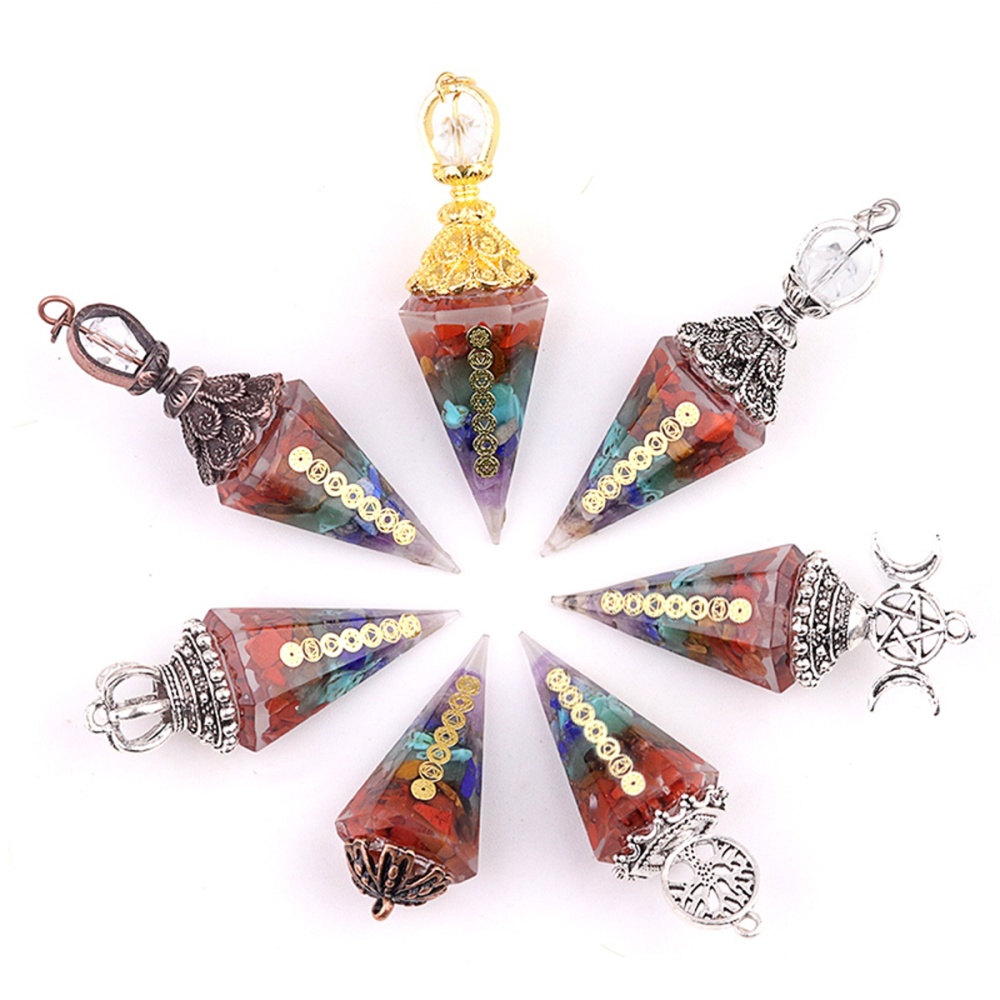 7 Chakra Chip Stone Resin Hexagonal Cone Pendulum Pendant For Making Jewelry