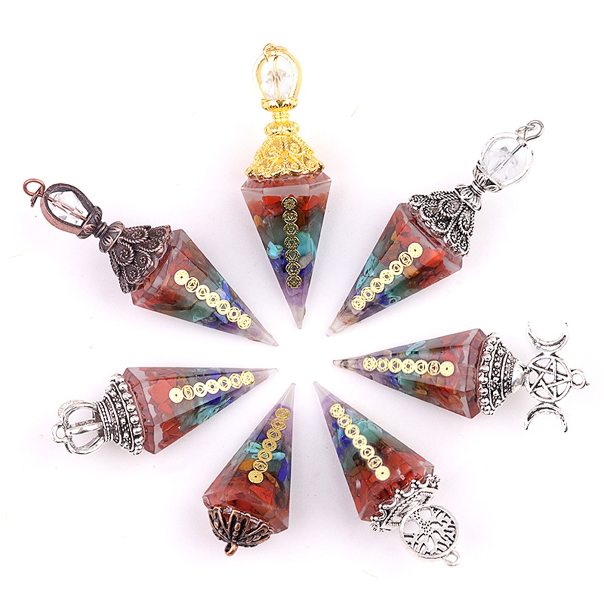 7 Chakra Chip Stone Resin Hexagonal Cone Pendulum Pendant For Making Jewelry