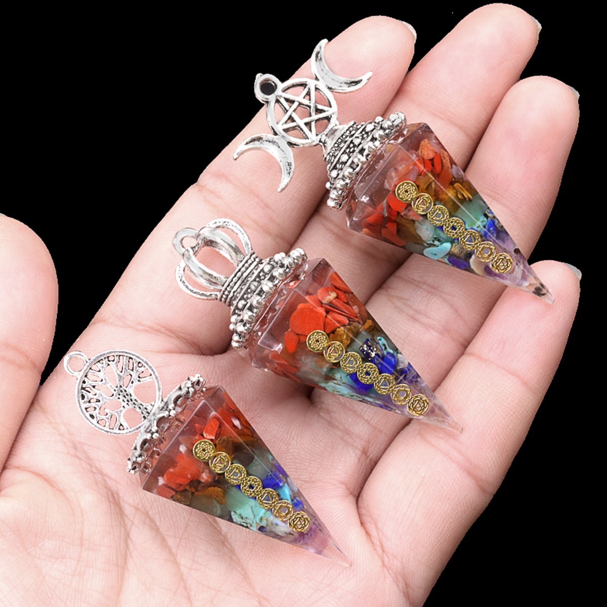 7 Chakra Chip Stone Resin Hexagonal Cone Pendulum Pendant For Making Jewelry