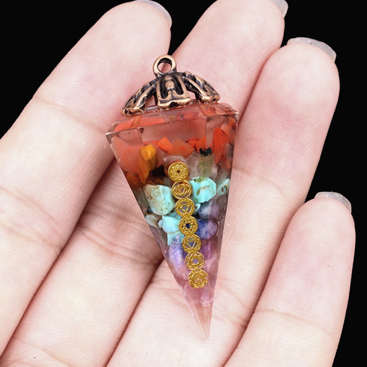 7 Chakra Chip Stone Resin Hexagonal Cone Pendulum Pendant For Making Jewelry