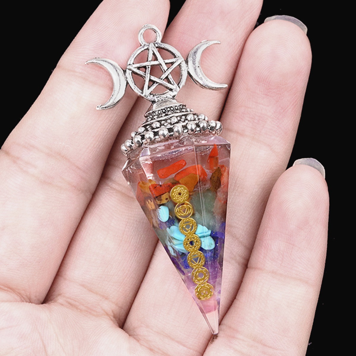 7 Chakra Chip Stone Resin Hexagonal Cone Pendulum Pendant For Making Jewelry