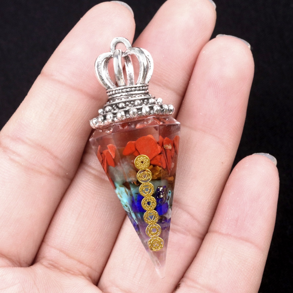7 Chakra Chip Stone Resin Hexagonal Cone Pendulum Pendant For Making Jewelry
