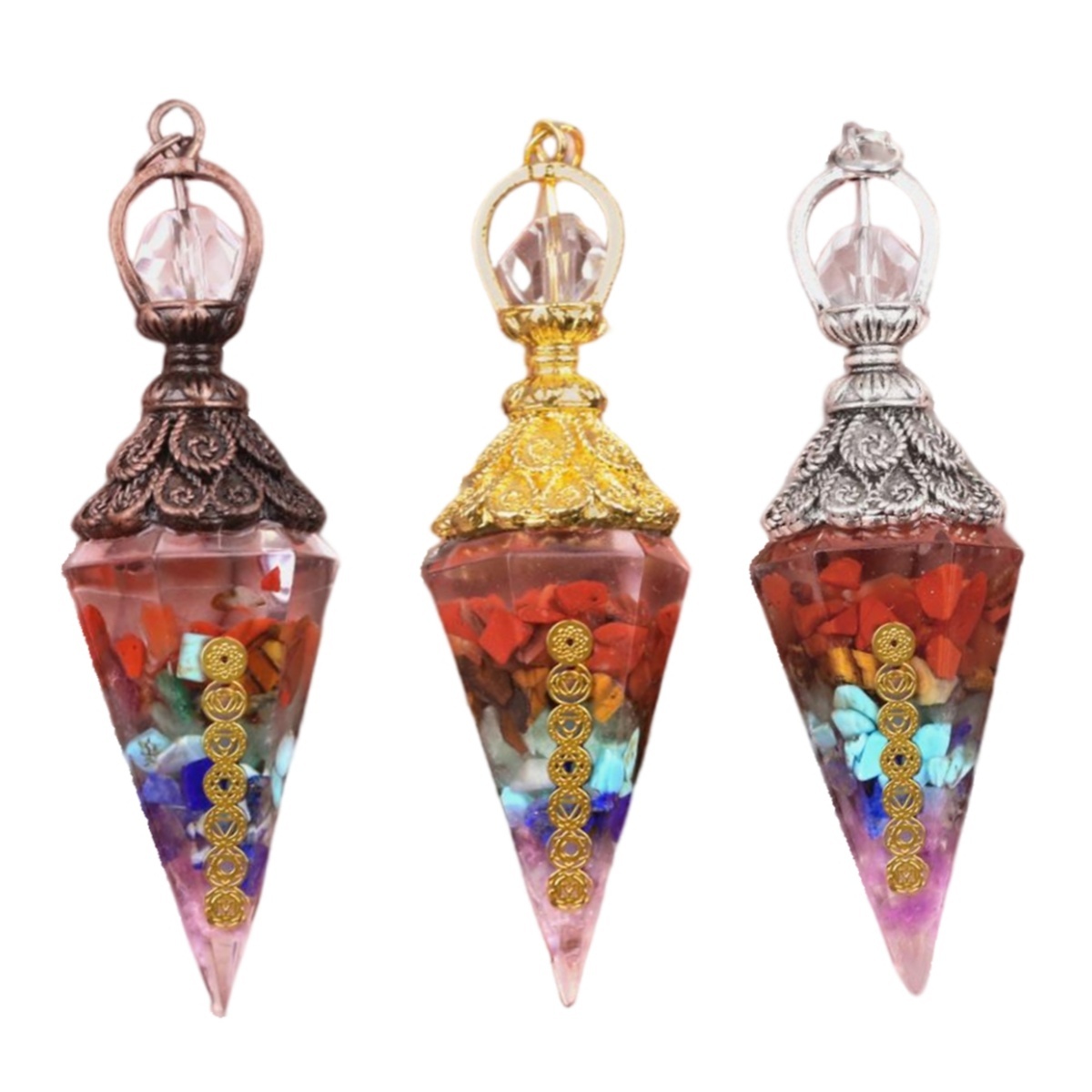 7 Chakra Chip Stone Resin Hexagonal Cone Pendulum Pendant For Making Jewelry