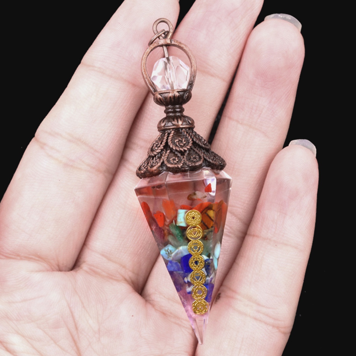 7 Chakra Chip Stone Resin Hexagonal Cone Pendulum Pendant For Making Jewelry