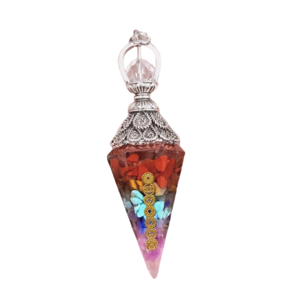 7 Chakra Chip Stone Resin Hexagonal Cone Pendulum Antique Silver Gold Yoga Healing Pendant For Making Jewelry
