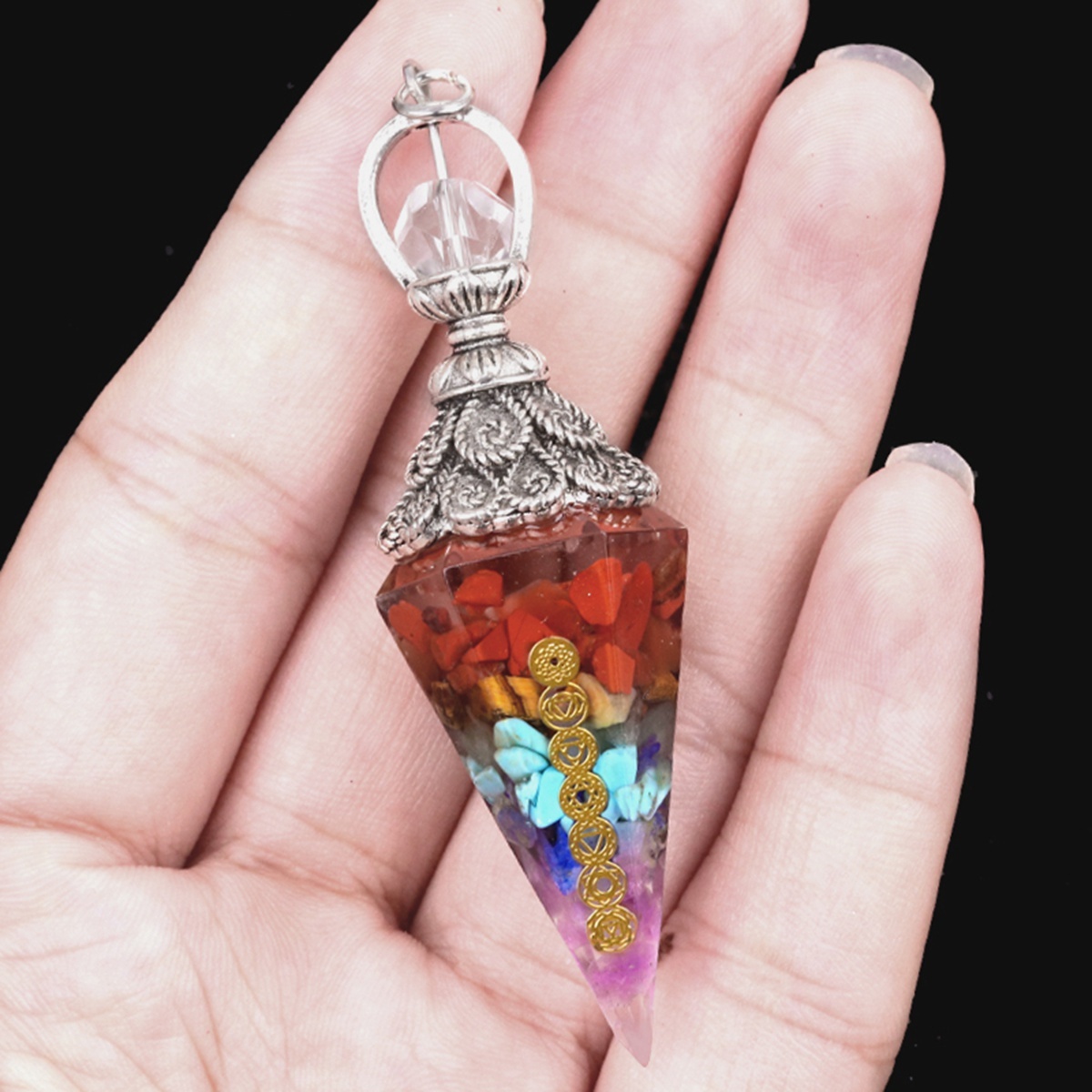 7 Chakra Chip Stone Resin Hexagonal Cone Pendulum Pendant For Making Jewelry