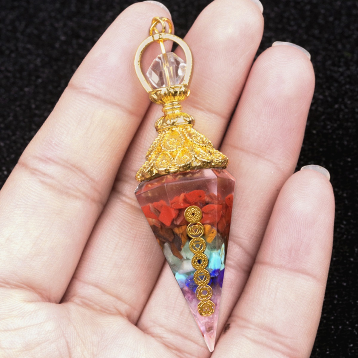 7 Chakra Chip Stone Resin Hexagonal Cone Pendulum Antique Silver Gold Yoga Healing Pendant For Making Jewelry