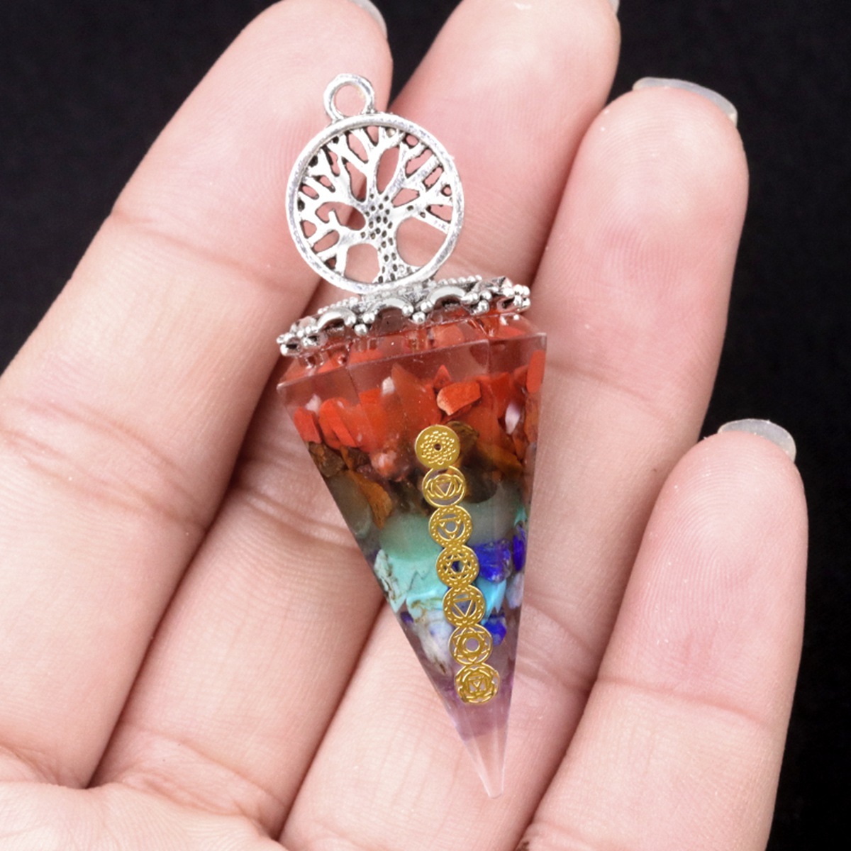 7 Chakra Chip Stone Resin Hexagonal Cone Pendulum Antique Silver Gold Yoga Healing Pendant For Making Jewelry