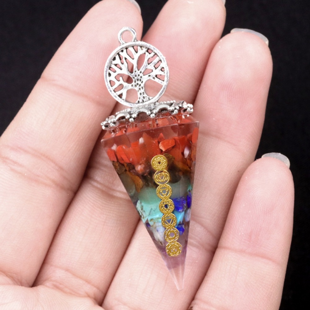 7 Chakra Chip Stone Resin Hexagonal Cone Pendulum Antique Silver Gold Yoga Healing Pendant For Making Jewelry