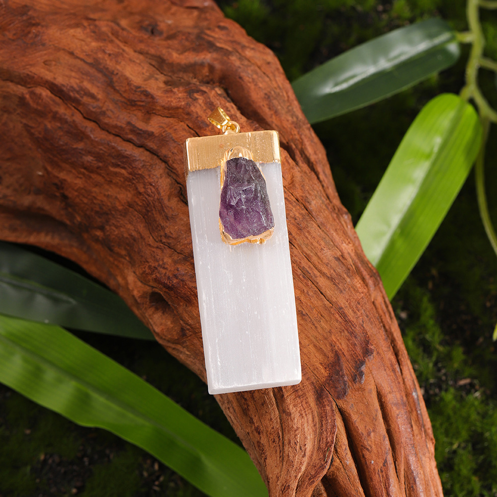 Raw Crystal Natural Selenite Crystal Gypsum Strip Pendant Necklace