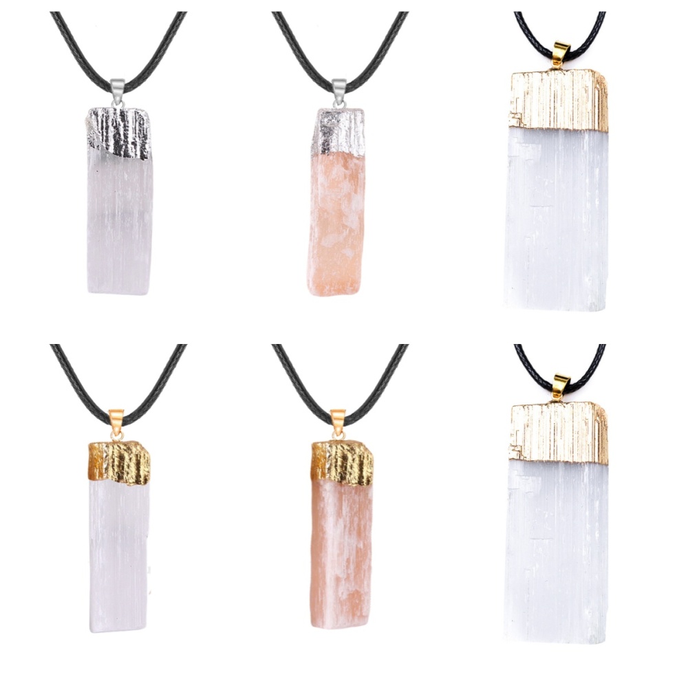 Natural Selenite Crystal Gypsum Strip Pendant Necklace with 45cm Black Leather