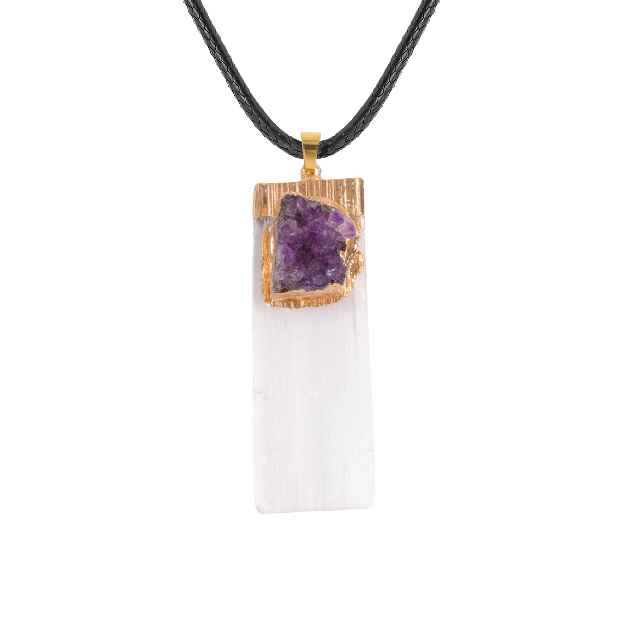 Natural Selenite Crystal Gypsum Strip Pendant Wrapped Amethyst Necklace