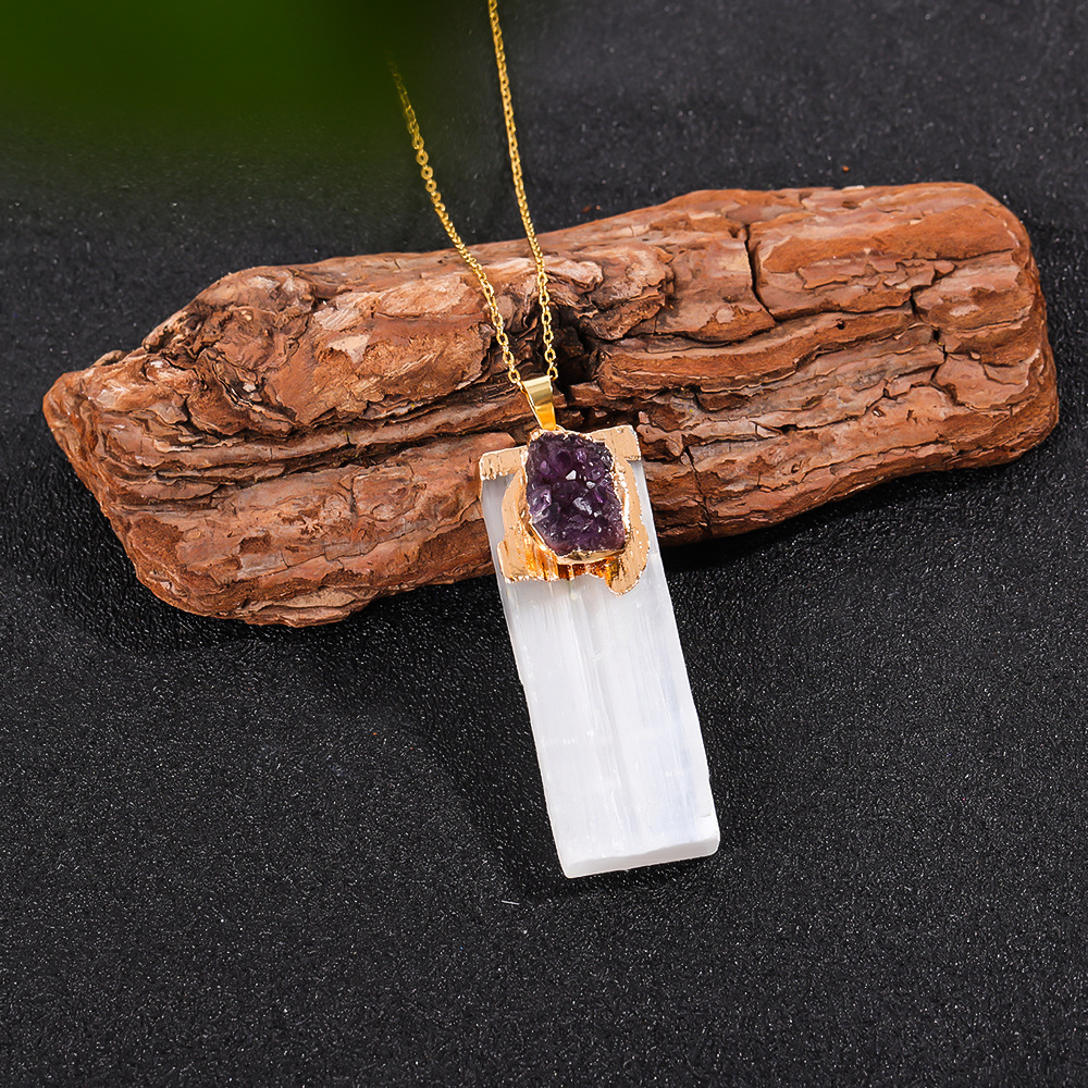 Natural Selenite Crystal Gypsum Strip Pendant Wrapped Amethyst Necklace