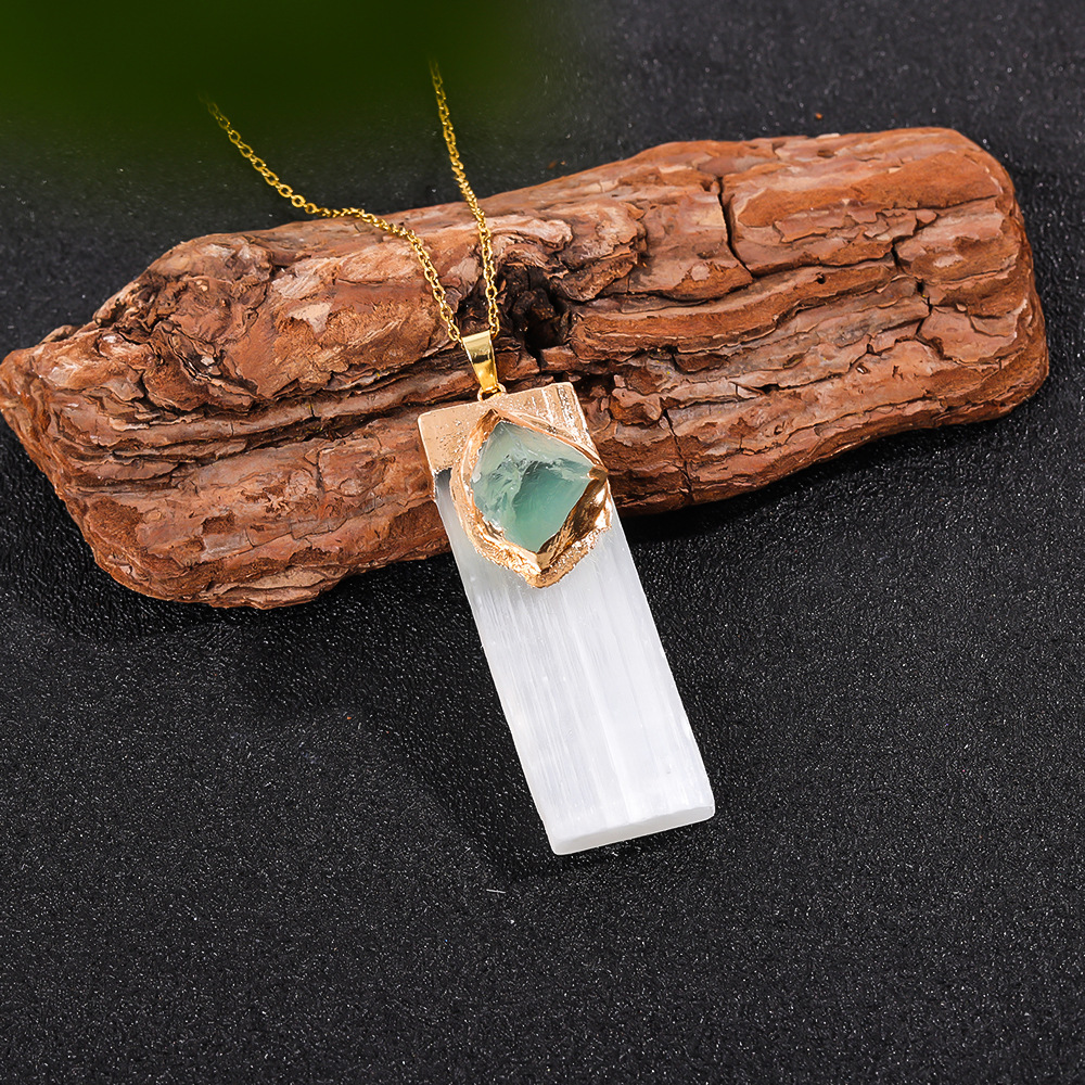 Raw Crystal Natural Selenite Crystal Gypsum Strip Pendant Necklace