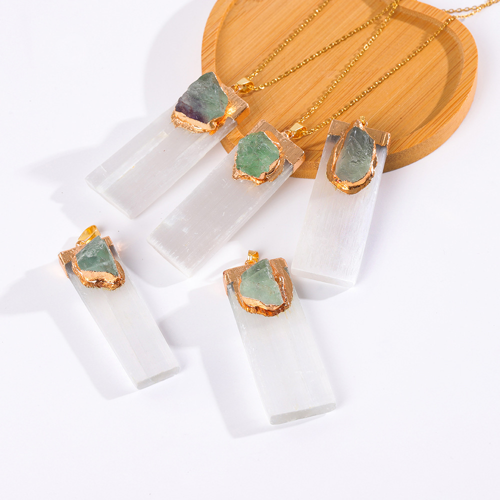 Raw Amethyst Natural Selenite Crystal Gypsum Strip Pendant Necklace