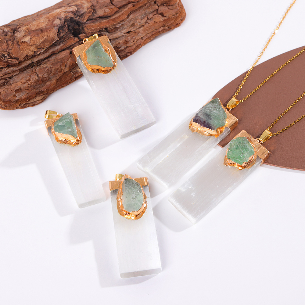 Raw Amethyst Natural Selenite Crystal Gypsum Strip Pendant Necklace