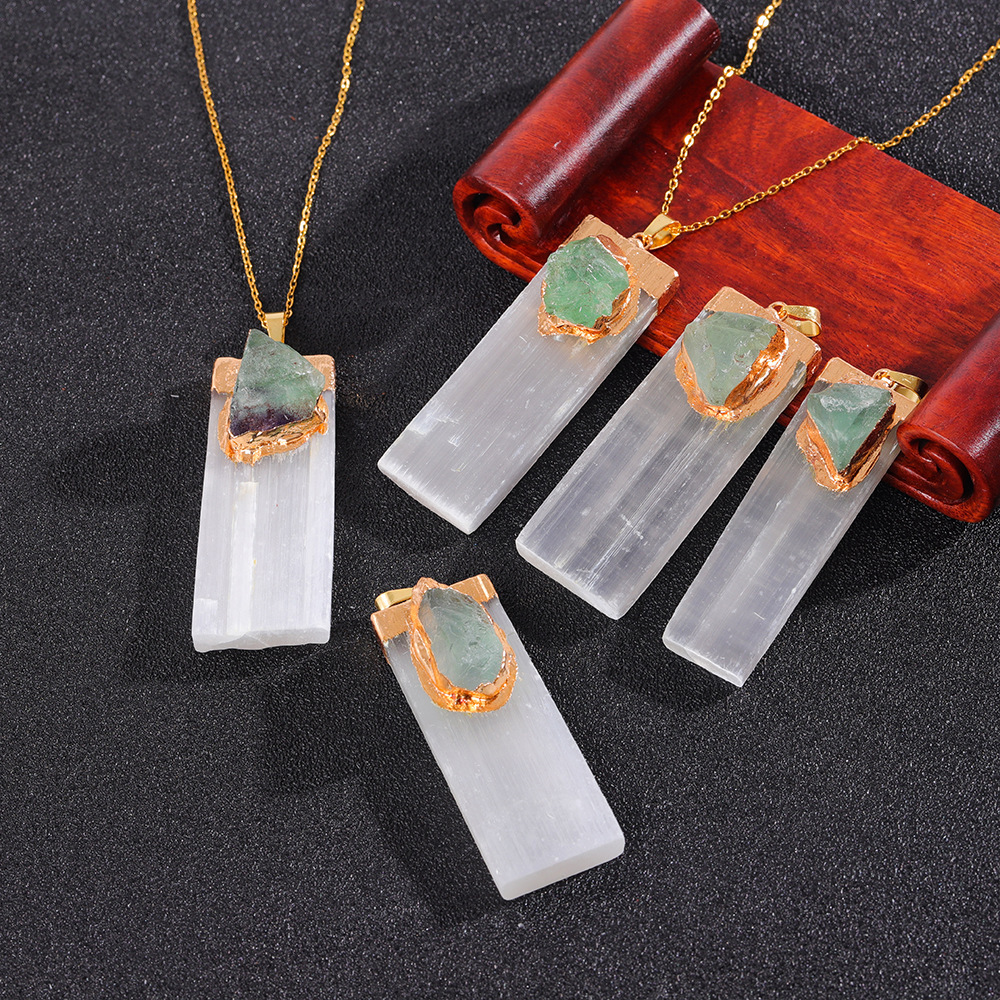 Raw Amethyst Natural Selenite Crystal Gypsum Strip Pendant Necklace