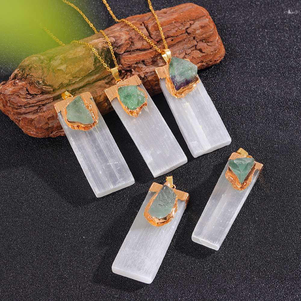 Raw Amethyst Natural Selenite Crystal Gypsum Strip Pendant Necklace