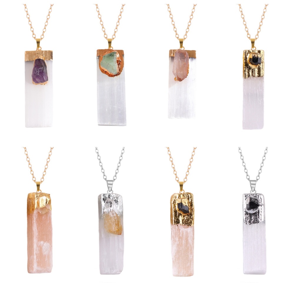 Raw Crystal Natural Selenite Crystal Gypsum Strip Pendant Necklace