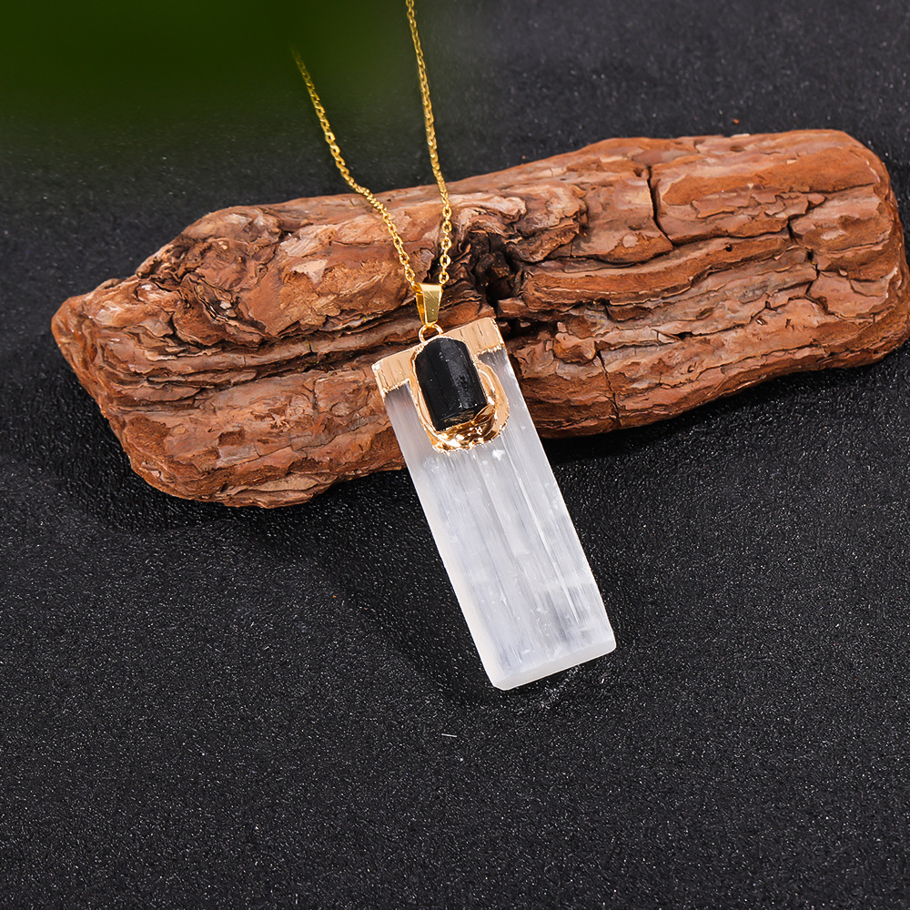 Raw Amethyst Natural Selenite Crystal Gypsum Strip Pendant Necklace