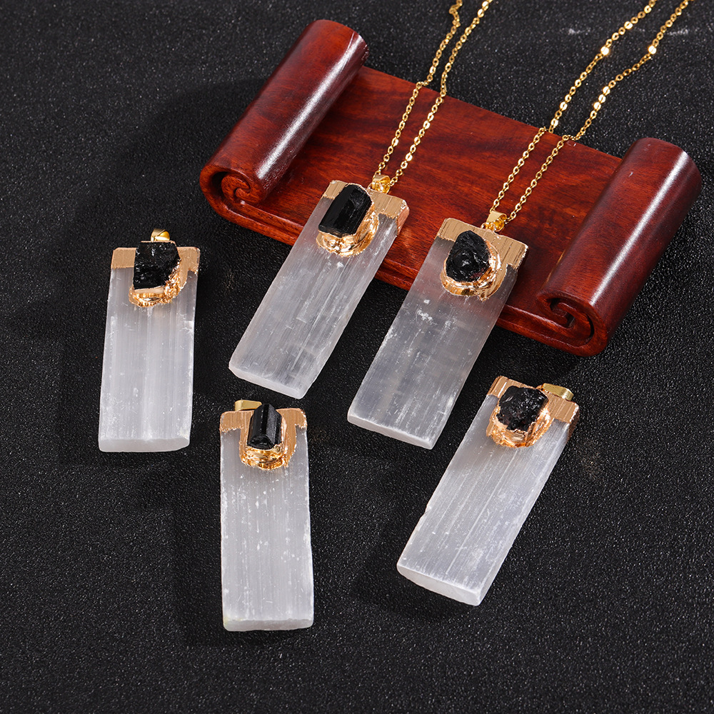 Raw Amethyst Natural Selenite Crystal Gypsum Strip Pendant Necklace
