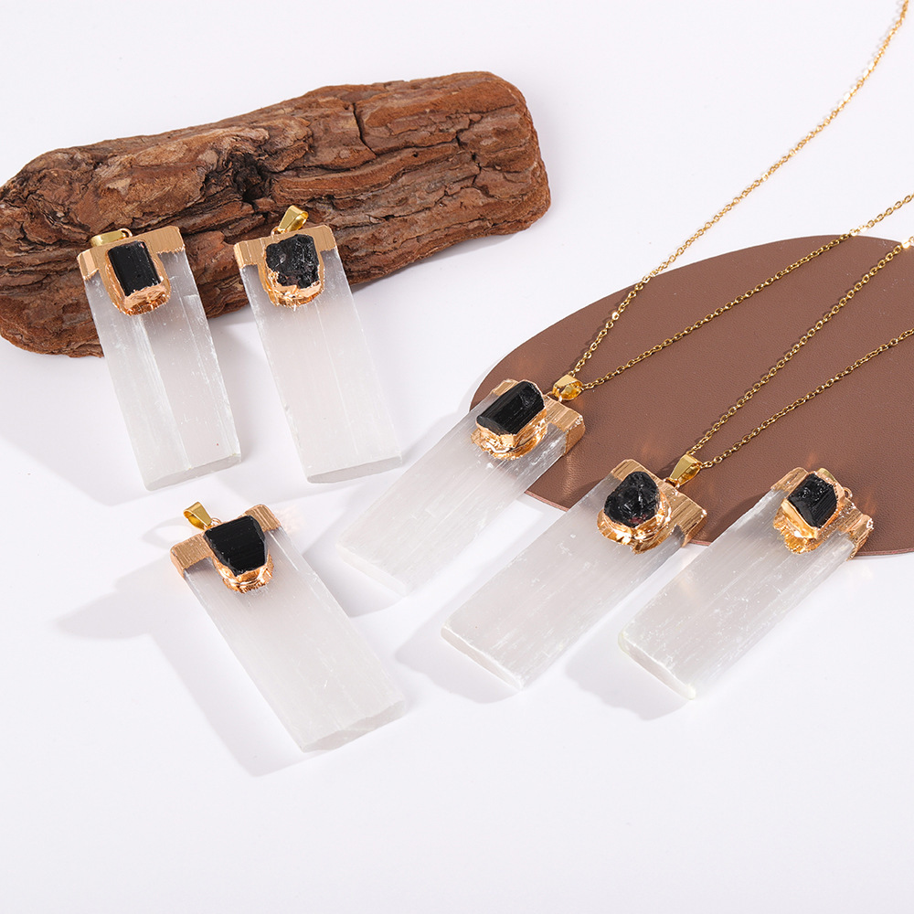 Raw Amethyst Natural Selenite Crystal Gypsum Strip Pendant Necklace