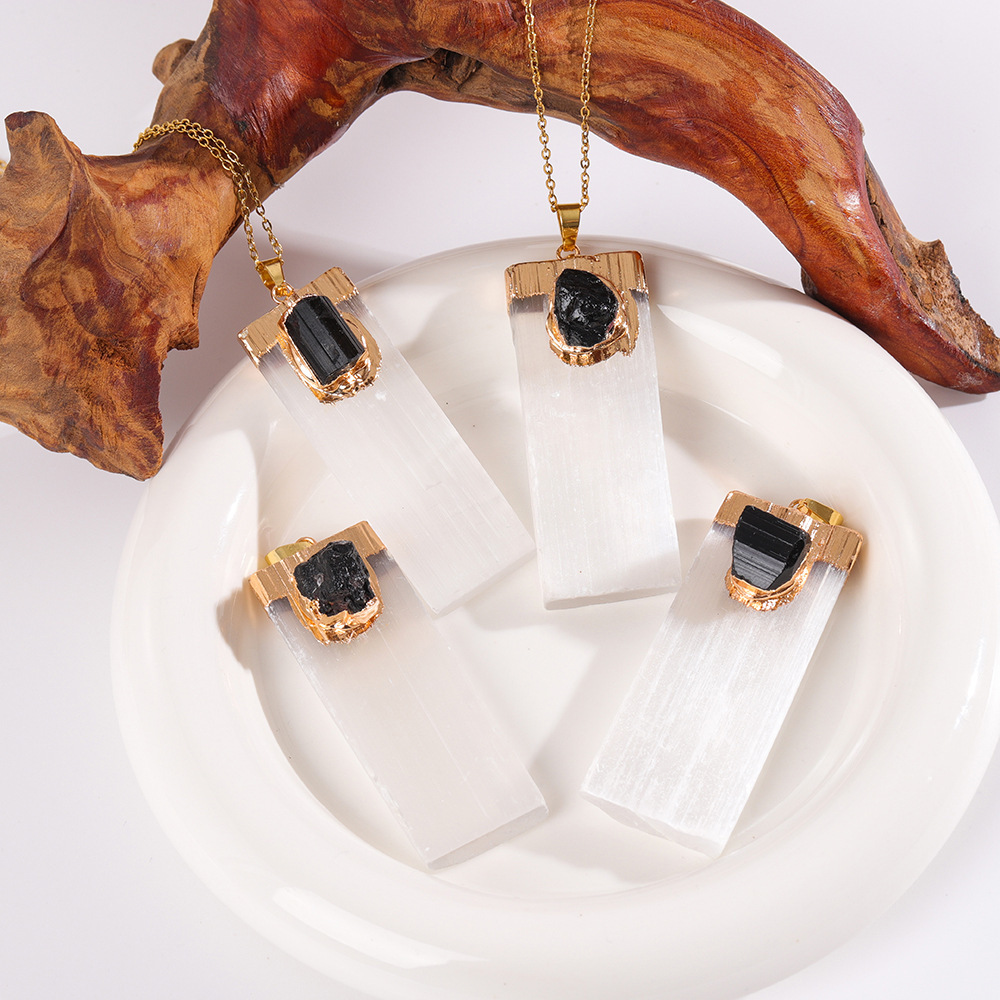 Raw Amethyst Natural Selenite Crystal Gypsum Strip Pendant Necklace