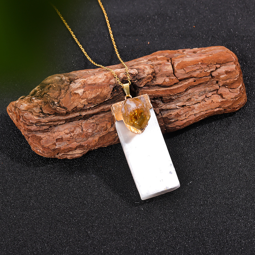 Raw Amethyst Natural Selenite Crystal Gypsum Strip Pendant Necklace