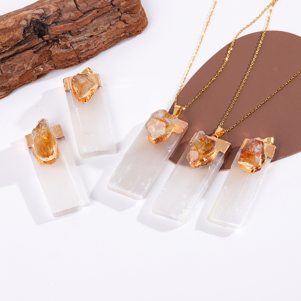 Raw Amethyst Natural Selenite Crystal Gypsum Strip Pendant Necklace