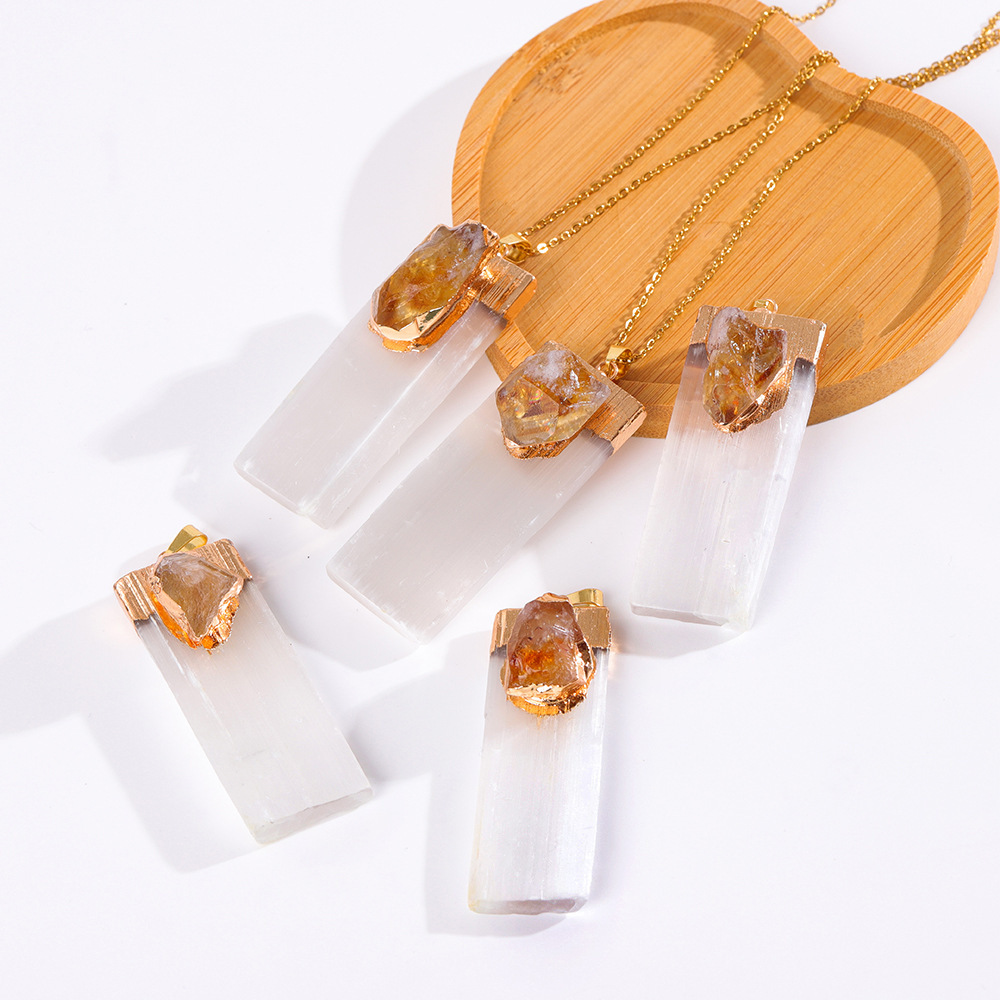 Raw Amethyst Natural Selenite Crystal Gypsum Strip Pendant Necklace