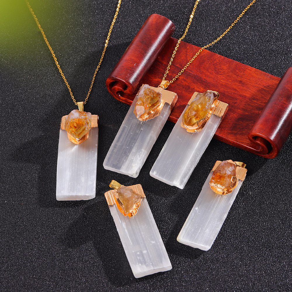 Raw Amethyst Natural Selenite Crystal Gypsum Strip Pendant Necklace