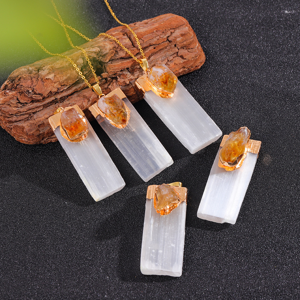 Raw Amethyst Natural Selenite Crystal Gypsum Strip Pendant Necklace